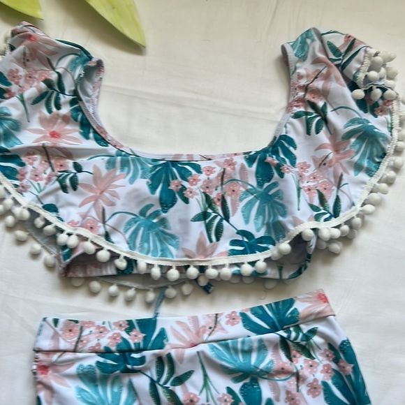 ⭐️tassel Halter Palm Print Off Shoulder Flounced Ruched High Waist Bikini Set⭐️ - Picture 12 of 12